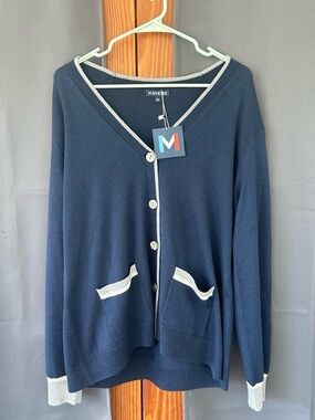 Movetes 100% Extra Fine Merino Wool Navy Button Front Golf Cardigan Size XXL